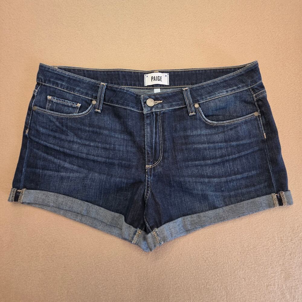 PAIGE Jimmy Jimmy Mid-Rise Denim Boyfriend Shorts Dark-Wash Sz 31